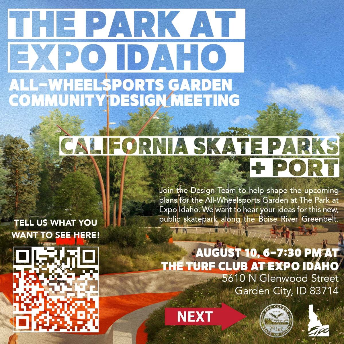 Expo Idaho All-Wheel Sports Garden community design meeting flyer