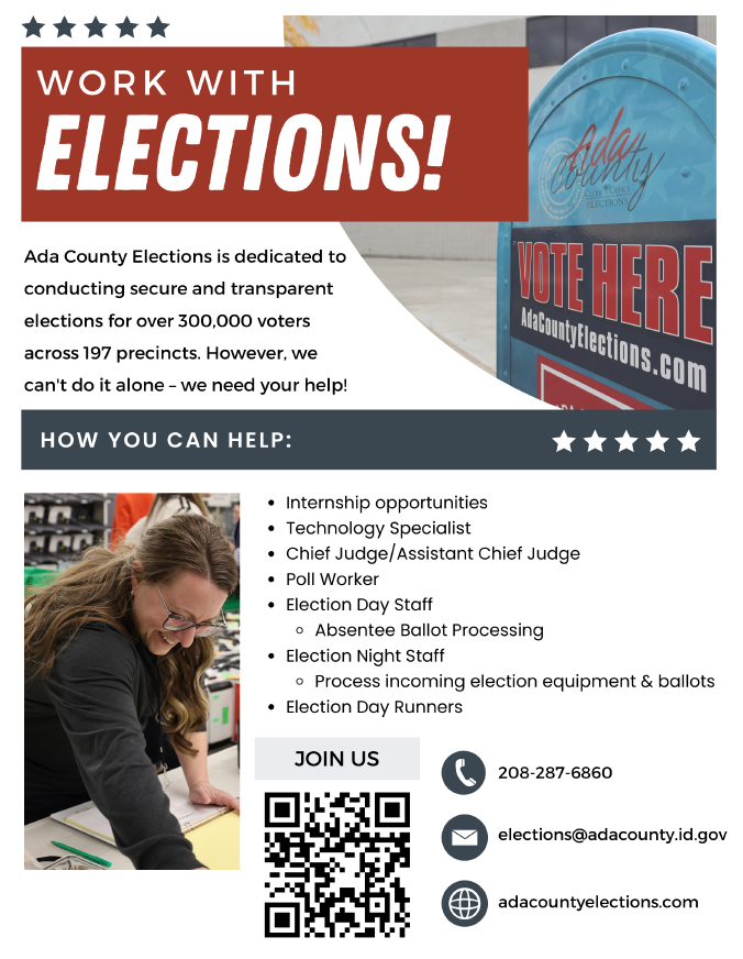 Work with Elections! infographic with details on opportunities and contact information, including a QR code