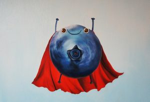 a blue berry with a red cape with its arms up like superman