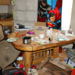 kitchen in shambles with garbage and clutter everywhere