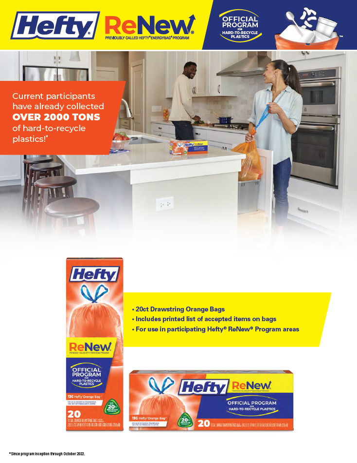 flyer with blue, orange and yellow shows couple looking at each other while the woman takes out the trash bag in her kitchen. Two boxes of trash bags are also shown.
