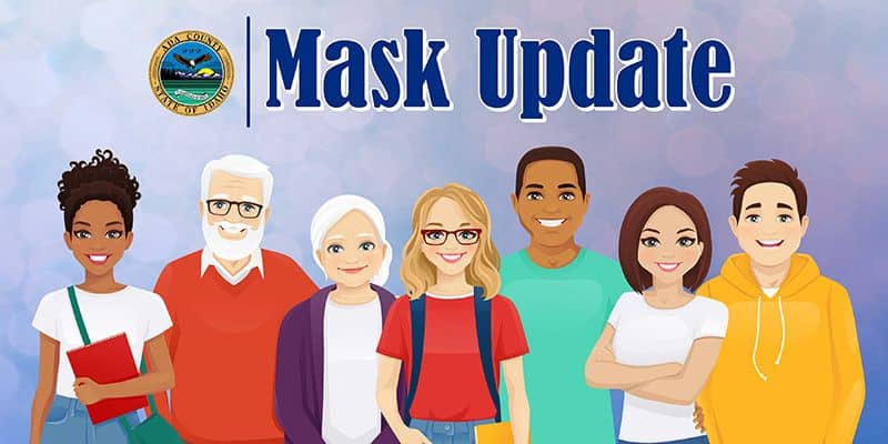 Mask update banner with cartoon people